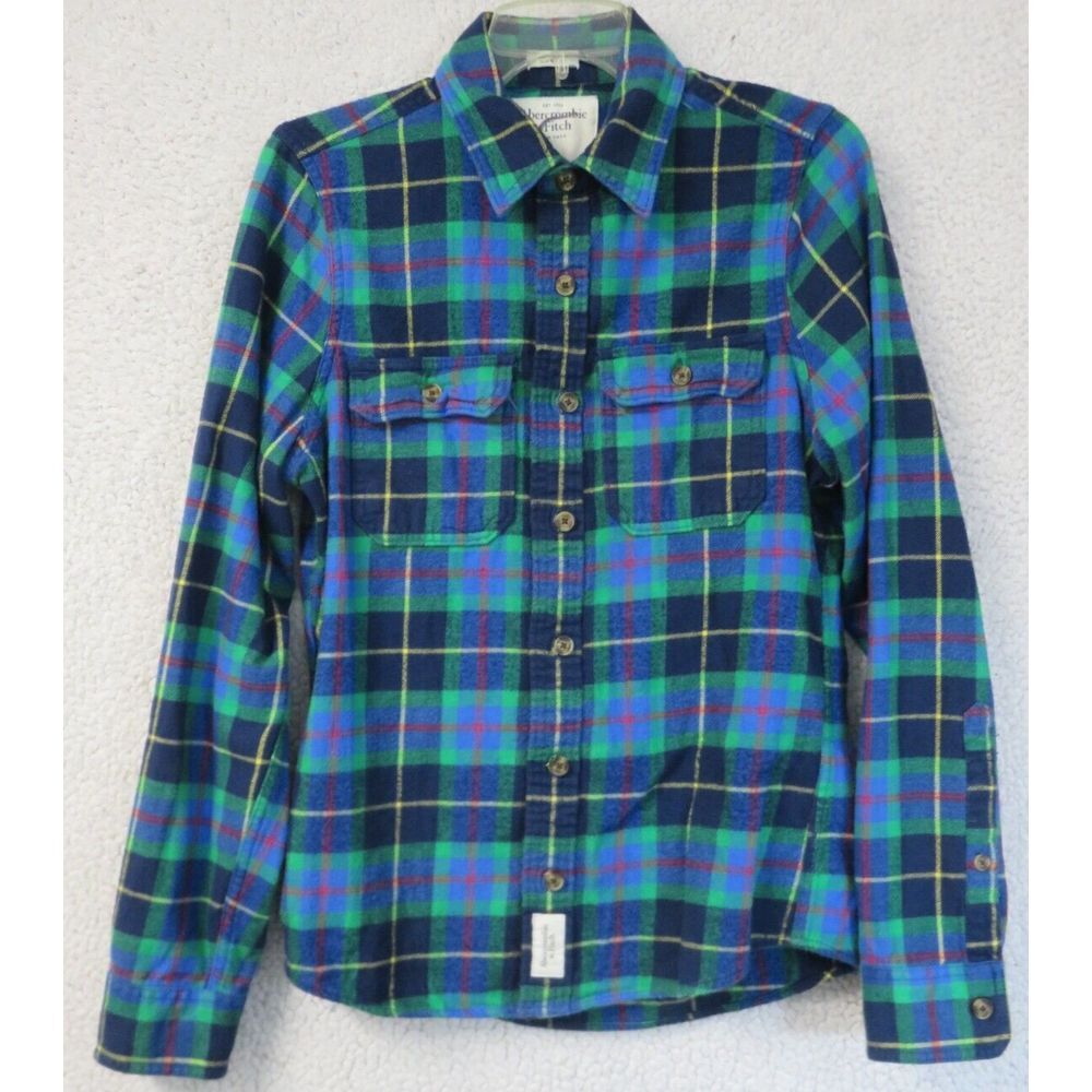 Mens Abercrombie & Fitch Flannel Shirt Blue Plaid Button Front S Cotton Muscle